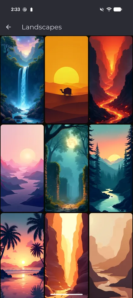 Paxpi’s Landscapes collection with illustrated mountains, forests and waterfalls